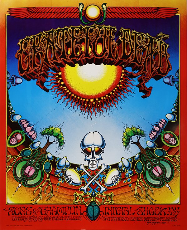 Rock Posters, Grateful Dead: (lot of 2) Rick Griffin (American, 1944-1991), Grateful Dead, Sons of Champlin, and Initial Shock," (1969), lithographic rock poster in colors, signed in plate lower right, third printing done in 1982