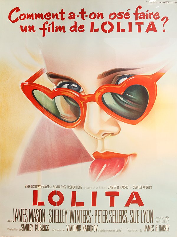 Lithographic poster, Roger Soubie: Roger Soubie (French, 1898-1984), Lolita, 1962, lithographic poster in colors, plate signed upper right, printed in France, visa ministeriel no. 516, cinemato, image: 58.75"h x 44"w, overall (framed):