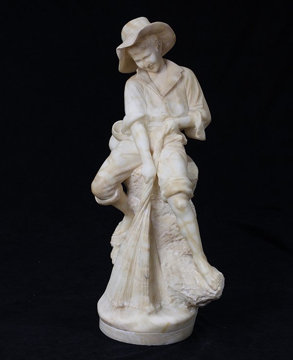 Sculpture, Giuseppe Gambogi: Giuseppe Gambogi (Italian, 19th/20th century), Seated Boy with Fishing Net, marble sculpture, signed lower back, overall: 26"h x 13"w x 8"d