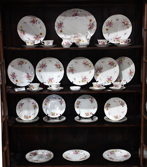 (lot of 36) Royal Crown Derby table service in the: (lot of 36) Royal Crown Derby table service in the "Derby Posies" pattern, each having a gilt rim centering polychrome floral decoration, consisting of (12) dinner plates 10.5"dia.; (12) salad plates;