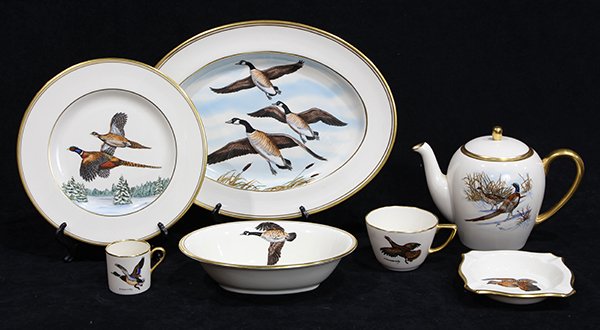 Abercrombie and Fitch, New York, table service: (lot of 72) Abercrombie and Fitch, New York, table service hand painted with game birds, each signed "F. Vosmansky", and decorated with various birds, consisting of (12) dinner plates, 10.5"dia.; (12)