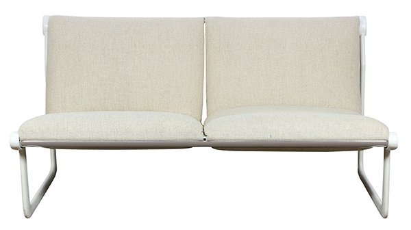 Bruce Hannah and Andrew Morrison for Knoll: Bruce Hannah and Andrew Morrison for Knoll, sling armless settee circa 1970, having two cushions suspended from the aluminum frame, 28"h x 56"w x 27"d