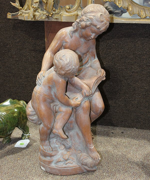 Lorenzo Dal Torrione plaster sculpture: Lorenzo Dal Torrione plaster sculpture, depicting two children reading a book, and rising on a naturalistic base, 23"h (repairs)