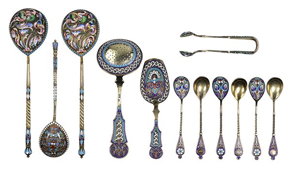 19th century Russian enameled silver-gilt demitasse: (lot of 18) 19th century Russian enameled silver consisting of .916 silver-gilt confection spoon, sugar scoop, and six demitasse spoons by Antip Kuzmichev, Moscow, 1856-1897; together with .875 silver