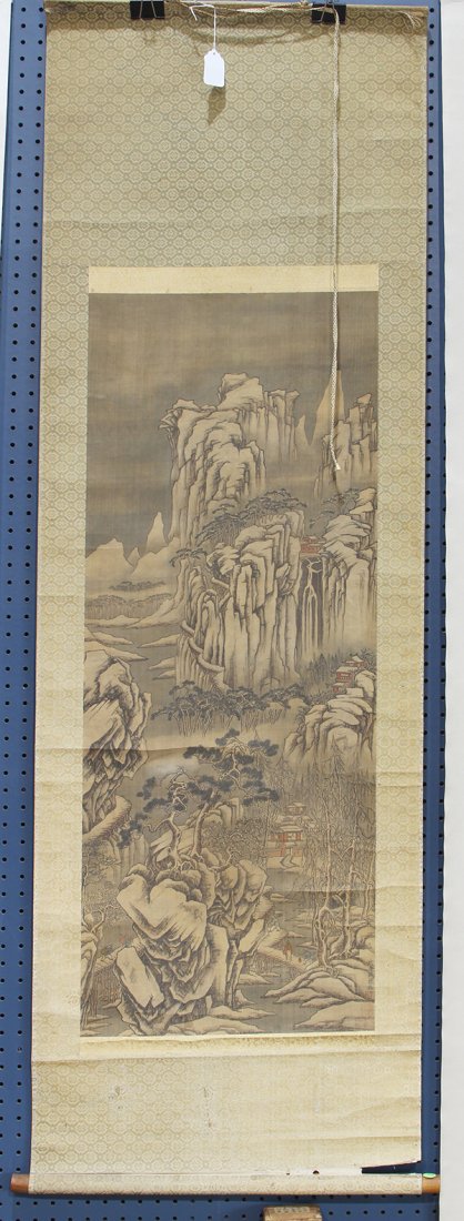 Scroll, Manner Sheng Mao, Landscape: Manner of Sheng Mao (Yuan, 1271-1368), Mountain Landscape, ink and color on silk, bearing signature and seal Sheng Mao to the lower right, 43"h × 17"w, overall (scroll): 69"h × 22"w