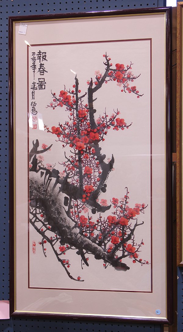 Chinese Painting, Wang Zhengying, Plum: Wang Zhengying (Chinese, 20th century), Plum Blossoms, ink and color on paper, with colophon to the upper left, signed and seal Zhengying, overall (framed): 47"h 26"w