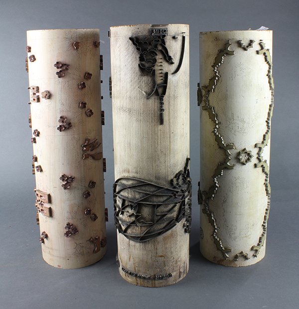 (lot of 3) Wallpaper print rollers: (lot of 3) Wallpaper print rollers, executed in wood with appled metal designs, 20"l x 6"dia