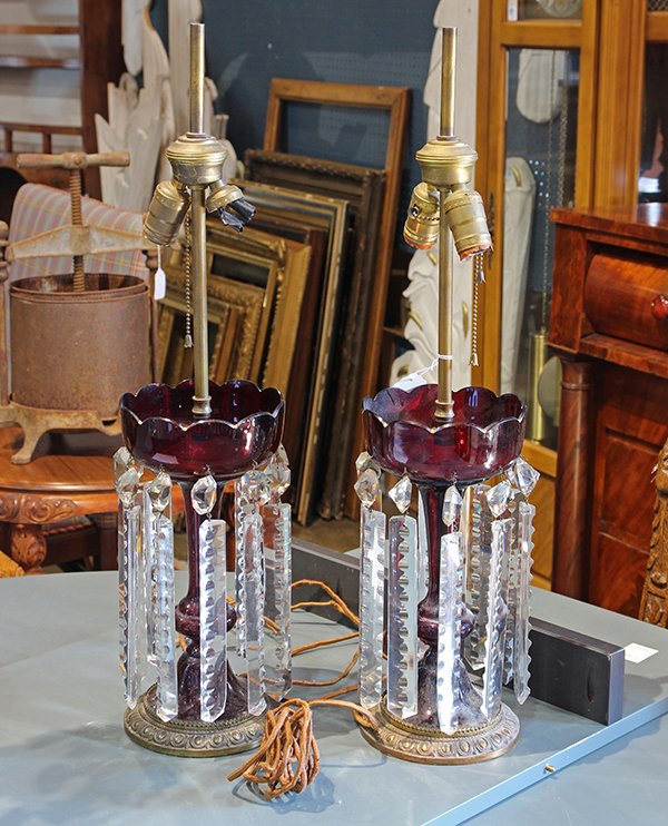 (lot of 2) Bohemian style cranberry lustres, mounted as (1 of 2)