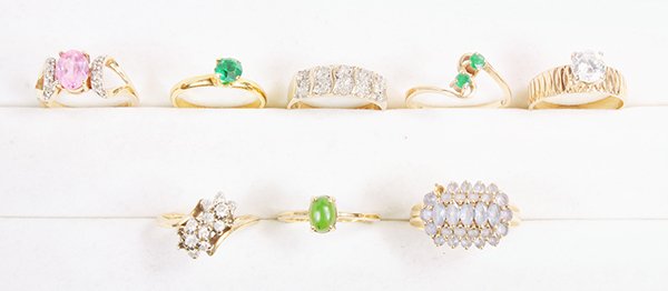 (Lot of 8) Multi-stone plastic and yellow gold metal (1 of 2)