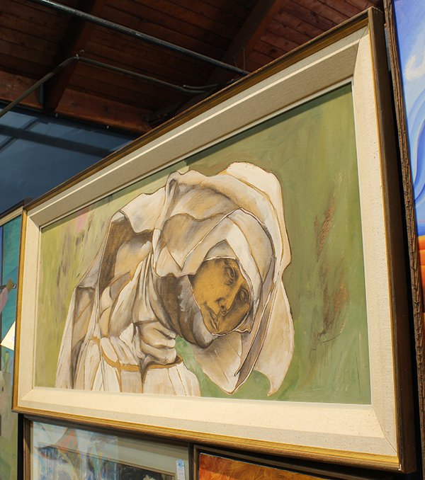 Painting, Jan Stussy: Jan Stussy (American, 1921-1990), Untitled (Nun), oil on board, signed lower right, overall (with frame): 31.25"h x 67"w