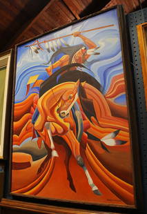 Painting, Robert Freeman: Robert Freeman (American, b. 1927), Untitled (Stylized Indian on Horseback), oil on canvas, signed lower right, overall (with frame): 42.5"h x 32.5"w