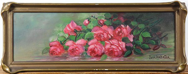 Painting, Still life with Roses: California School (20th century), Still life with Roses, oil on canvas board, signed "Jane Kellette" lower right, overall (with frame): 6.5"h x 16.5"w