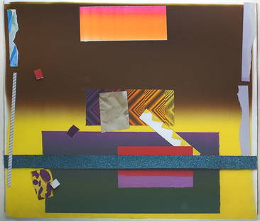 Collages, Paul Sarkisian: (lot of 2) Paul Sarkisian (American, b. 1928), "Yellow, Executed at Anderson Ranch with Peter Catanzaro" and "Blue, Executed at Anderson Ranch with Peter Catanzaro," 1982, monotype collage, each signe