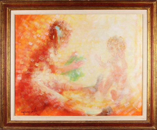 Painting, Giacomo de Pass: Giacomo de Pass (Italian, b. 1938), Abstract Child and Doll, oil on canvas, signed lower left, overall (with frame): 36"h x 43.75"w
