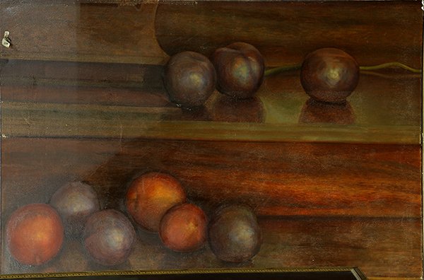 Painting, Nine Plums on a Piano, 1988: American School (20th century), "Nine Plums on a Piano," 1988, oil on canvas, signed "Eric Holtzmen", titled and dated verso, canvas (unframed): 65.5"h x 96"w