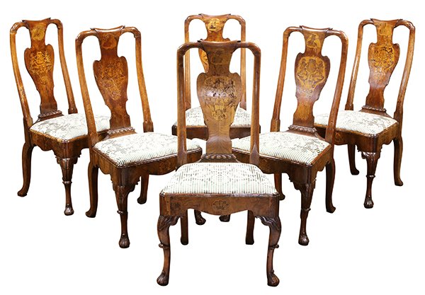 (lot of 6)  English marquetry side chairs in the Queen (1 of 2)