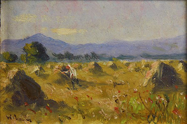 Painting, William Keith: William Keith (American, 1838-1911), Hayfield, 1900, oil on board, signed lower left, panel: 3"h x 4.5"w, overall (with frame): 7.75"h x 9.25"w Provenance: Deaccessioned from the Nevada Art Museum, Gi