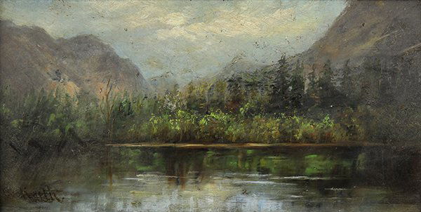 Painting, William Keith: William Keith (American, 1838-1911), Summer Mountain Lake, oil on panel, signed lower left, board: 7"h x 14"w, overall (with frame): 11.75"h x 18.75"w