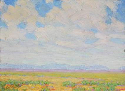 Painting, Hanson Puthuff: Hanson Puthuff (American, 1875-1972), Desert Skyscape, oil on board, signed lower left, board: 7.5"h x 10"w, overall (with frame): 14"h x 16.5"w. Provenance: Velda’s Art & Antiques (Fair Oaks, Pasad