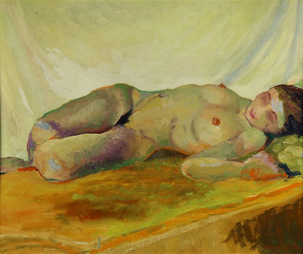 Painting, George Luks: George Benjamin Luks (American, 1867-1933), "Reclining Nude," oil on canvas board, signed lower right, title placard affixed lower center, board: 20"h x 24"w, overall (with frame): 27.25"h x 31.25"w