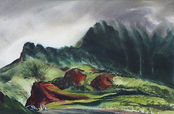 Watercolor, Ben Norris: Ben Norris (American, 1910-2006), Pali Pass, Oahu, 1945, watercolor, signed and dated lower right, sight: 14.5"h x 22"w, overall (with frame): 25.5"h x 31.75"w