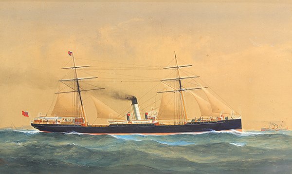 Painting, William Forster: William Forster (British, 1840-1891), The Steamship, Rockton, 1883, watercolor and gouache, signed and dated lower left, sight: 14"h x 23"w, overall (with frame): 18.5"h x 27.75"w