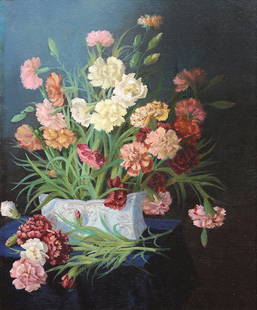 Painting, Alexej Alexejewitsch Harlamoff: Alexej Alexejewitsch Harlamoff (Russian, 1840-1925), Still Life with Flowers, oil on canvas, signed lower right, canvas: 24"h x 20"w, overall (with frame): 30"h x 25.5"w