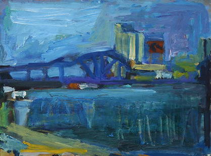 Painting, Terry St. John: Terry St. John (American, b. 1934), "Con Agra Bridge," 1988, oil on board, signed, dated, and titled verso, board: 12"h x 16"w, overall (with frame): 12.75"h x 16.75"w