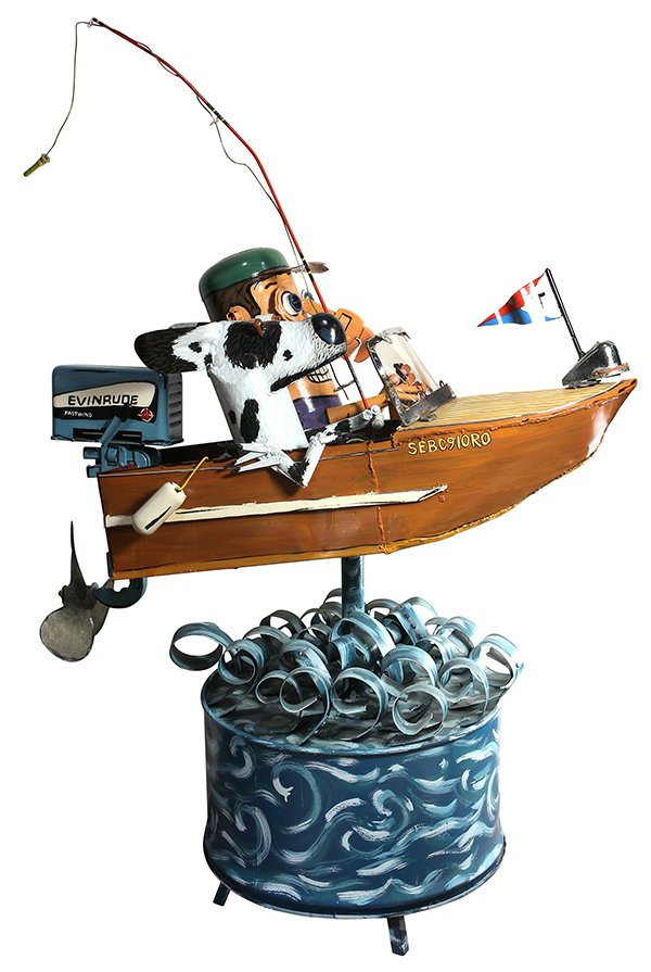 Sculpture, Patrick Amiot: Patrick Amiot (Canadian, b. 1960), Two Fishing Buddies, 2010, hand painted, mixed media sculpture, signed and dated right center, overall: 65.5"h x 46"w x 20.5"d