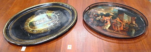 (lot of 2) English tole decorated tray having a (1 of 3)