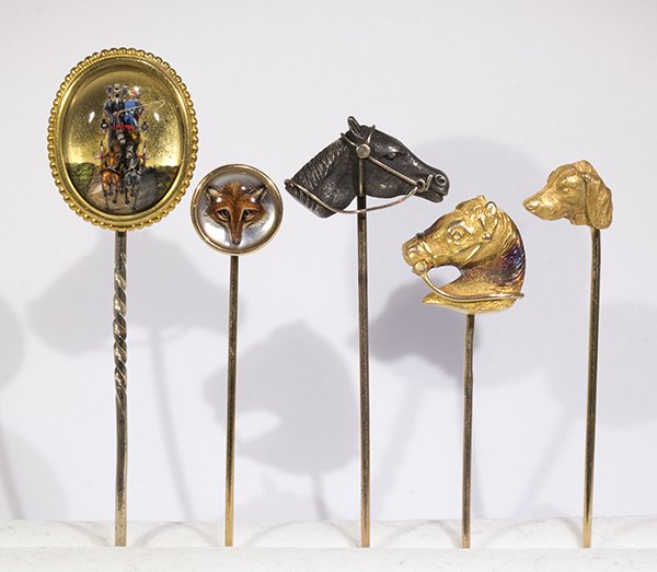 (Lot of 5) painted intaglio, silver, gold stickpins (1 of 3)
