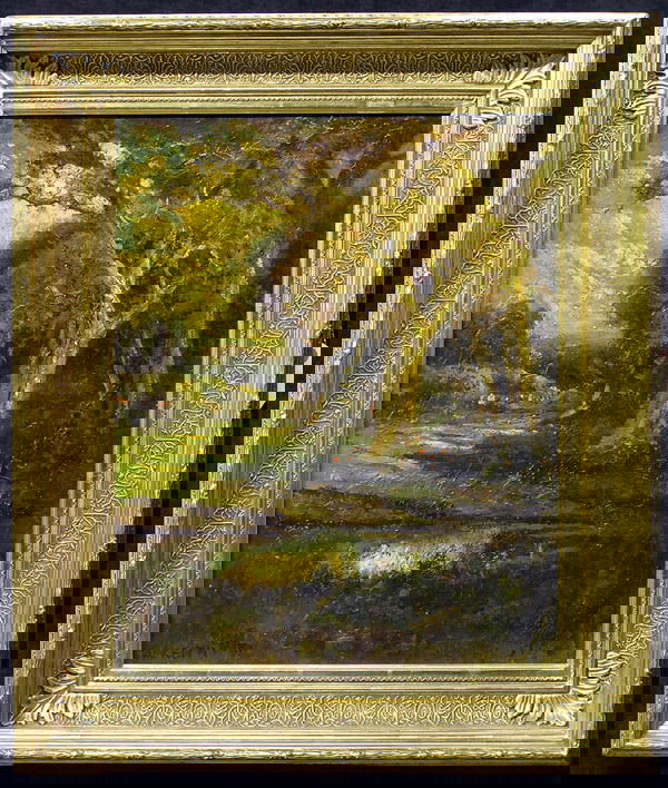 Oil, attributed to William Keith: Framed oil on canvas, Landscape with Oaks and Village in the Background, attributed to William Keith, signed lower left, image: 16" x 20.5"w, frame: 27"h x 22.5"w, Condition: relined, some inpainting