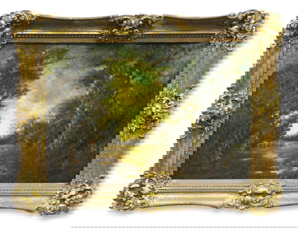 Oil/canvas, William Keith, Californian: Framed oil on canvas, Shepherd with his Flock at Dusk, by William Keith (Californian 1839-1911), signed lower left, image: 18"h x 26"w, frame: 25"h x 32"w.