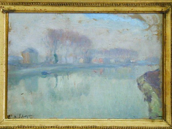 Oil, Henri Lebasque, French: Framed oil on panel, "Winter Morning on the Banks of the Marne, Lagny" (ca. 1906-1907) by Henri Lebasque (French 1865-1937), signed lower left, titled and inscribed on reverse, sight: 7"H x 10"W. To b