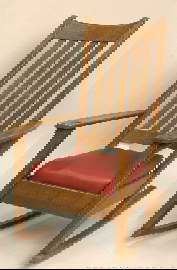 Limbert Arts & Crafts Oak Rocker: Limbert oak Arts & Crafts arm rocker #826 the scooped crestrail double pinned to the rectangular stiles continuing to form the back legs, over five narrow slats mortised into the back bottom rail cont