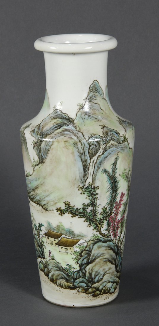Chinese Porcelain Vase, Marked Wang Yeting: Chinese enameled porcelain vase, with a rolled rim and cylindrical neck above the slanted shoulders, a tapering body decorated with a villa in a landscape, with cyclical date 'bingchen' and bearing si