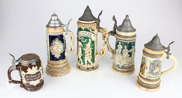 (lot of 5) German stoneware pottery steins, with text (1 of 1)