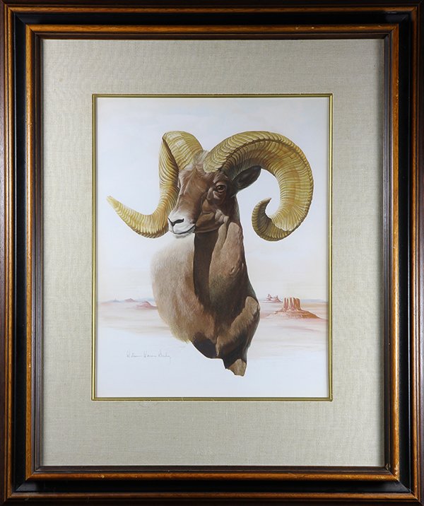 Painting, William Warren Dailey: William Warren Dailey (American, 1920-2002), "Desert Bighorn," gouache on paper, signed lower left, overall (with frame):