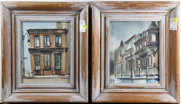 Watercolors by Robert Daley: (lot of 2) Robert Daley (American, 20th century), Brooklyn Heights Street Scenes, watercolors, each signed lower right, overall (each framed): 15.5"h x 13.5"w