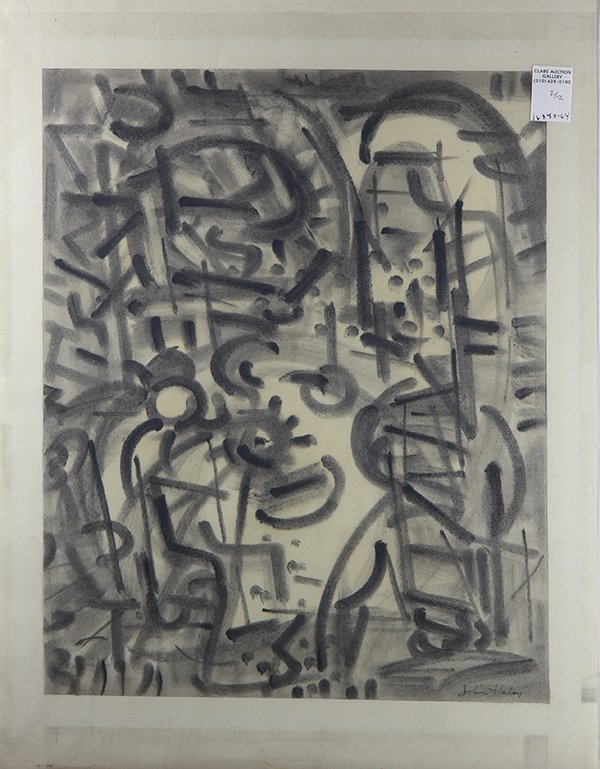 Works on Paper, John Charles Haley: (lot of 2) John Charles Haley (American, 1905-1991), Abstract watercolor on paper, signed lower right, and Nude Study, charcoal on paper, signed lower right, largest overall (each unfamed): 25.5"h x 1