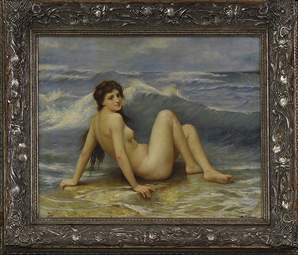Painting, Venus and Waves: American School (20th century), Venus and Waves, oil on canvas, signed "M. Ericksen" lower right, overall (with frame): 27"h x 31"w