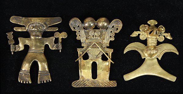 (lot of 3)  Pre-Columbian tumbaga gilt figural pendants (1 of 3)