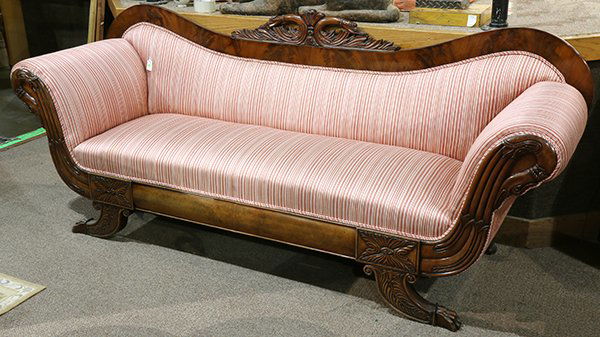 American Empire mahogany settee, having pink and white (1 of 3)