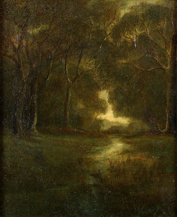 Painting, William Keith: William Keith (American, 1838-1911), "Forest Idyll," oil on cardboard, unsigned, titled and inscribed with artist's name verso, board: 12.125"h x 10.125"w, overall (with frame): 18"h x 16"w