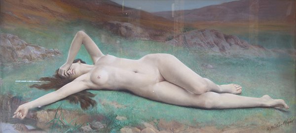 Pastel, A Phillipe Algier: A Phillipe Algier (European, 20th century), Reclining Nude in Meadow, pastel on paper, signed lower right, sight: 22"h x 48"w, overall (with period frame): 37.5"h x 64"w