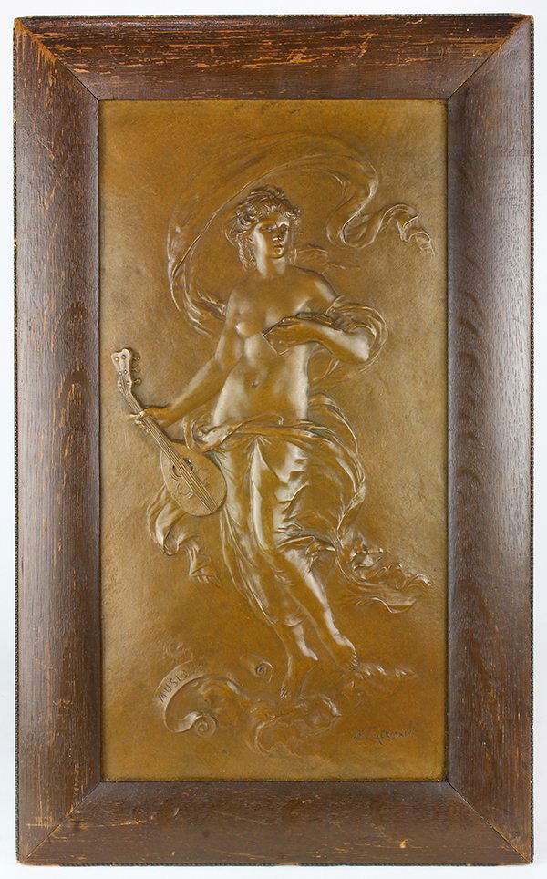 Sculpture, Jean Baptiste Germain: Jean Baptiste Germain (French, 1841-1910), "Musique," bronze wall relief, signed lower right, titled lower left, sight: 15.25"h x 8"w, overall (with frame): 19.5"h x 12"w