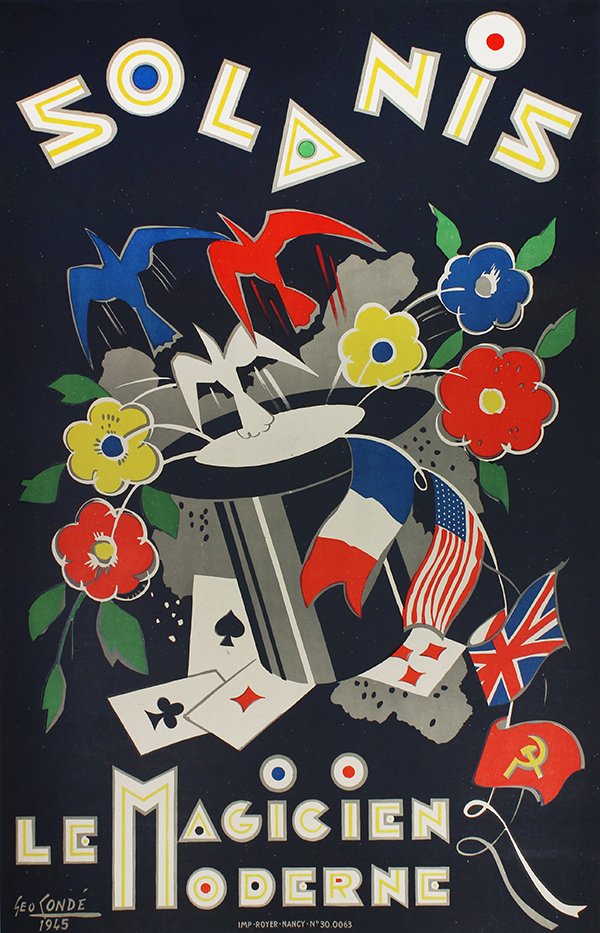 Vintage Magic Poster, Geo Conde, Solanis: Géo Condé (French, 1891-1980), "Solanis: Le Magician Moderne" 1945, vintage lithographic poster in colors on linen, plate signed lower left and dated, printed in France, Imp. Royer, Nancy, sheet: 37