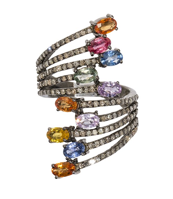 Multi-colored sapphire, diamond and silver ring (1 of 3)