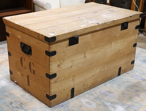 Western Polo and tack trunk, having a hinged lid,: Western Polo and tack trunk, having a hinged lid, opening to an open interior, 26"h x 48.5"w x 28"d. Provenance: Property from the Christian de Guigne' IV Estate, Hillsborough, CA.
