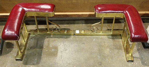 Brass and leather upholstered club fireside fender,: Brass and leather upholstered club fireside fender, 14"h x 41.5"w. Provenance: From the Pittsburgh, PA estate of Richard Mellon Scaife